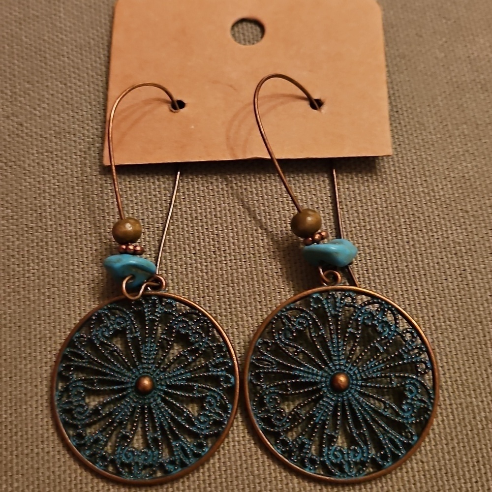 Teal and Bronze Earrings, Beautiful Wheel Shape, New, Never Worn